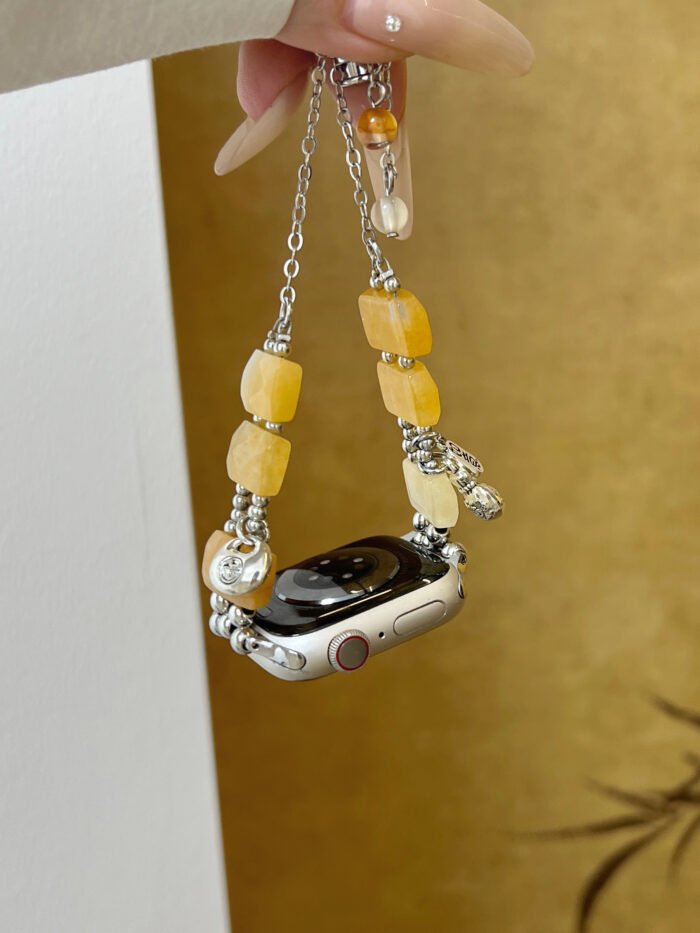 Raw Stone Pendant Chain Strap for Apple Watch 38–49mm – Light Pink / Green / Light Yellow - Image 2