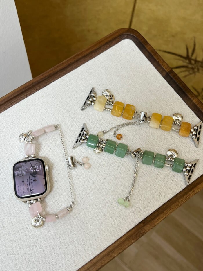 Raw Stone Pendant Chain Strap for Apple Watch 38–49mm – Light Pink / Green / Light Yellow - Image 1