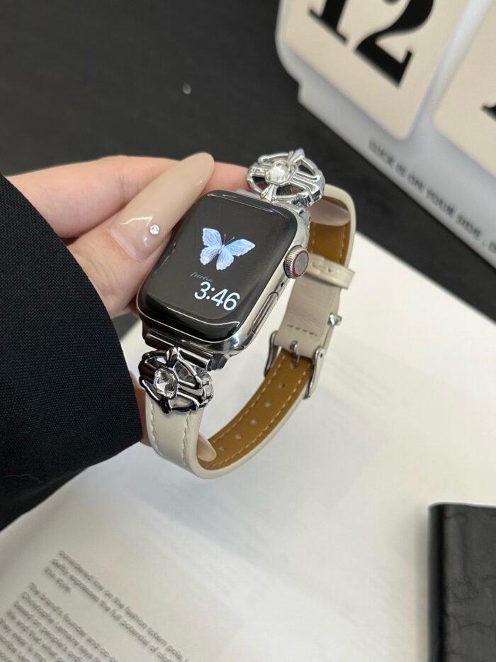 Elegant Cream White Leather Band – Gold Buckle – for Apple Watch - Image 8