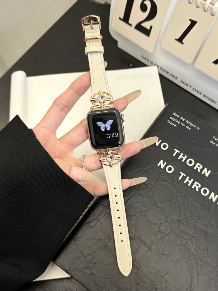 Elegant Cream White Leather Band – Gold Buckle – for Apple Watch - Image 5